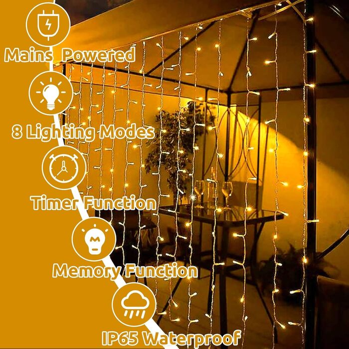 Ланцюжок LED-ліхтарів Joycome 3м x 3м, 300 LED, 8 режимів, вологостійкий, для декору вікна, балкона, кімнати, вечірки, намету, весілля, Різдва (тепле біле світло)