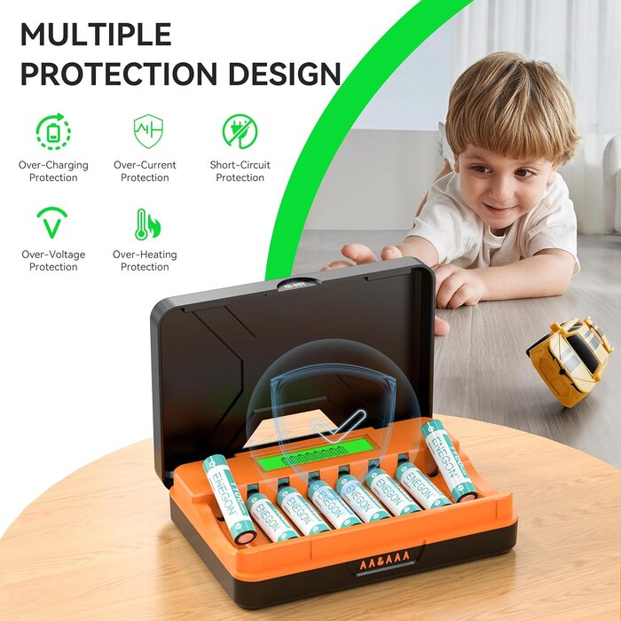 Зарядний пристрій ENEGON 8-Fach LCD для AA/AAA акумуляторів + 8 AAA Ni-MH 1100mAh, USB-C станція для пультів, термометрів та електроніки