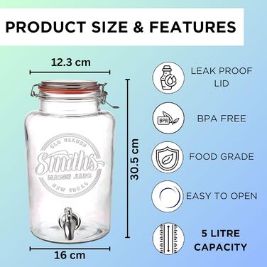 Скляна банка-диспенсер Smith's Mason Jars 5 л з нержавіючим краном, знімним фільтром, для лимонаду, напоїв, фруктів та трав