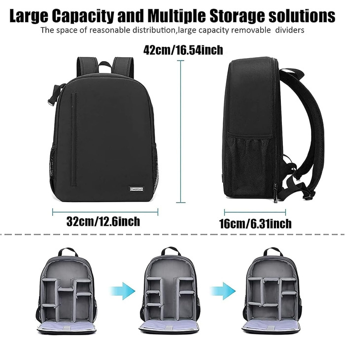 Водонепроникний рюкзак для камери Cwatcun: професійна сумка для фотоапарата, сумісна з Sony, Canon, Nikon, з відділенням для штатива (2.0, 3.0 л, чорний)
