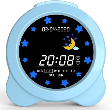 SENXINGYAN Kids Alarm Clock, Alarm Clock for Children with Sun & Moon LED Display, Day & Date Display, Sleep Trainer for Kids with Night Light & Sleep Sounds, Cute Alarm Clock for Kids Room