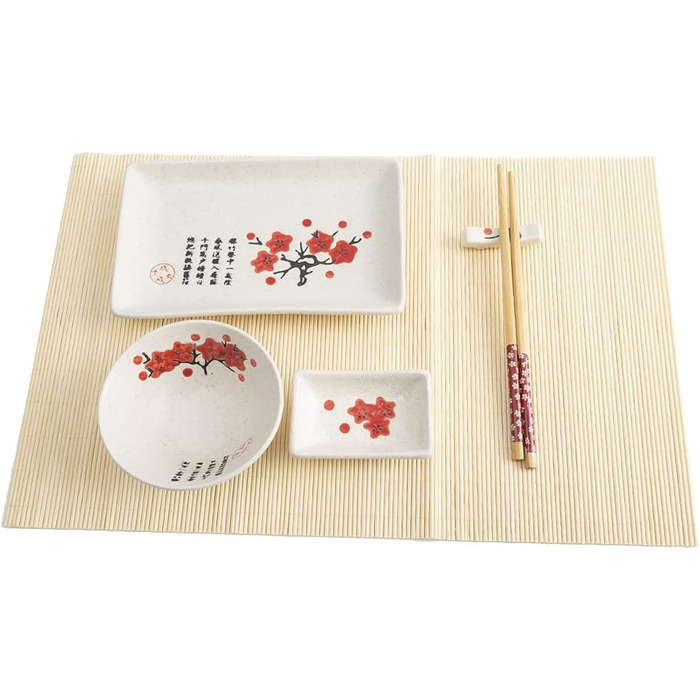 Традиційний японський набір для суші: тарілки, палички та підтарілки на 2 особи. З порцеляни, з візерунком квітки сакури. Ідеальний японський подарунок.
