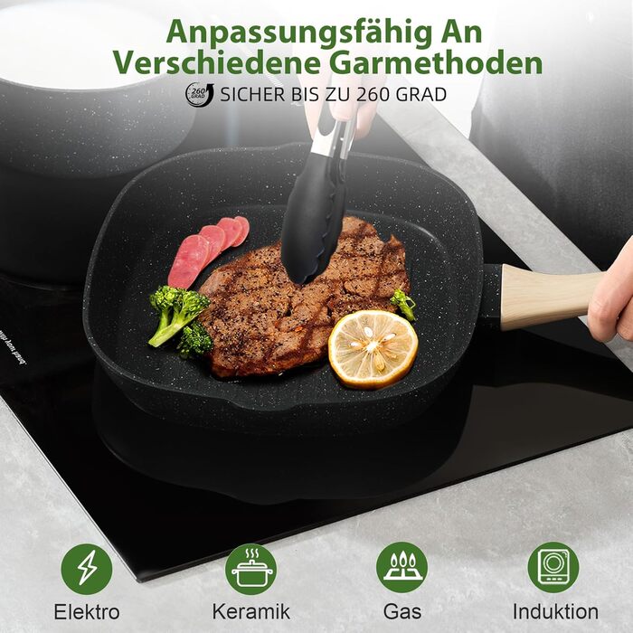 Набір каструль та сковорідок GMISUN 11 предметів з нержавіючої сталі, індукційне дно, для всіх типів плит, без PFOA/PFOS, чорний