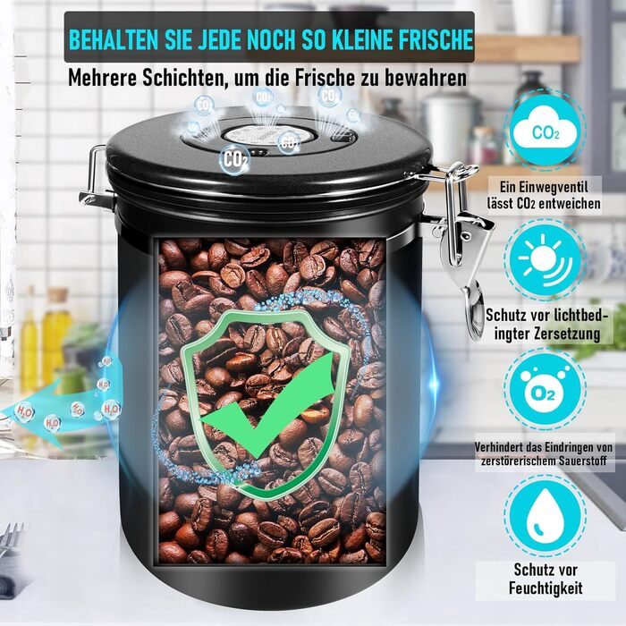 Герметичний контейнер для кави 1 кг: нержавіюча сталь, вікно, датчик дати, мірна ложка 30 мл, CO₂-вентиль, для кавових зерен, чаю, цукру