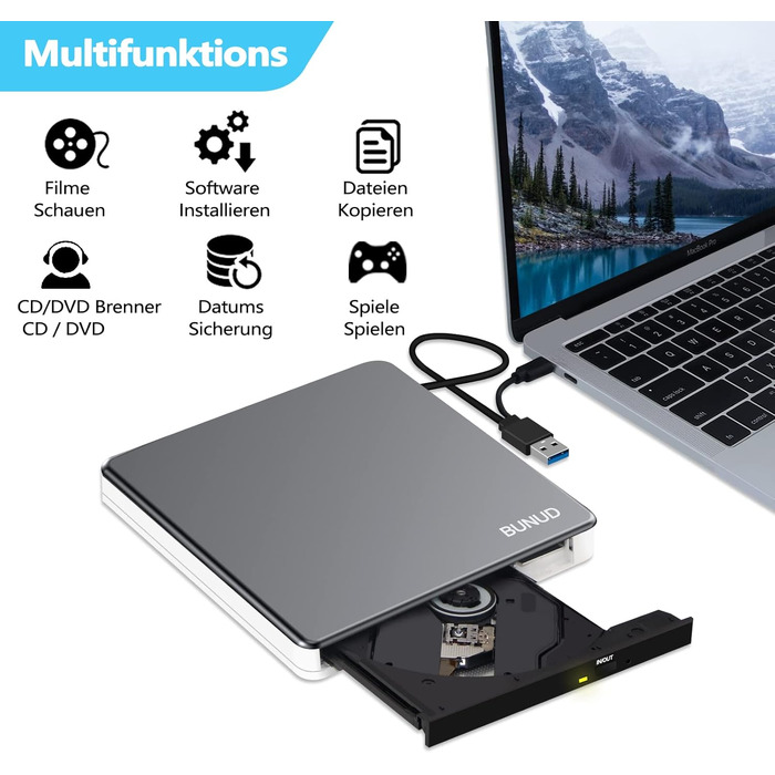 Зовнішній CD/DVD привід BUNUD для ноутбука та ПК: USB-C DVD-брунер з картридером SD/TF та 2 USB-портами для Windows 11, Mac, MacBook