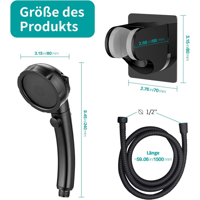MIAOHUI Shower Head, Water-Saving with Water Stop Function, 3 Spray Patterns, Pressure-Boosting Shower Head, Shower with Hose and Holder, Black