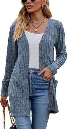 Кардиган жіночий з довгим рукавом, відкритий спереду, на ґудзиках, V-подібний виріз, легкий, з кишенями, XXL, блакитний
