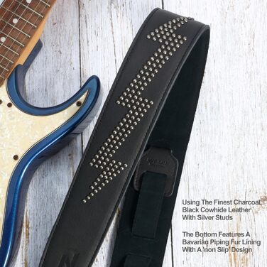 Гітарний ремінь Nefelibata з повномісної шкіри, з підкладкою з піни, з металевими заклепками, для електро-, акустичної та бас-гітари (2,5 см, чорний карбон) (Blitzschlag)