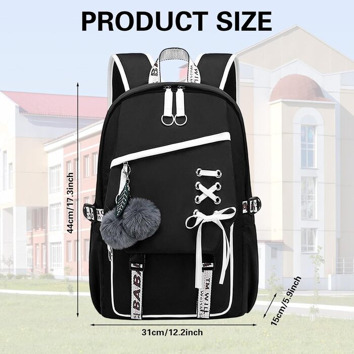 Шкільний рюкзак для дівчаток, водонепроникний, з брелоком, для 3-6 класів, чорний