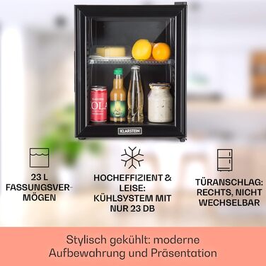 Klarstein 24L Mini Fridge - Compact Refrigerator for Drinks, Snacks & Skincare - Quiet Operation, Adjustable Shelves - Black