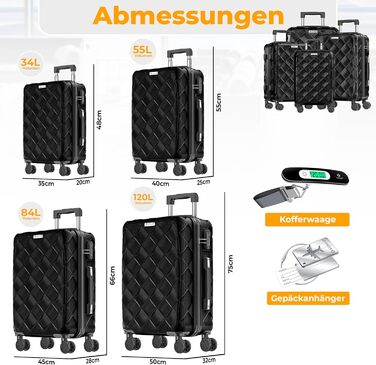 Набір валіз KESSER® 4 шт. | ABS валізи з кодовим замком, ваговою шалькою та органайзером для документів, 360° обертання | Ручна поклажа та великі валізи для подорожей та бізнесу (Чорний)