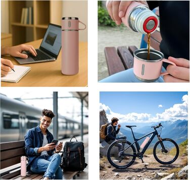 Термофляга 500 мл з нержавіючої сталі – 2 чашки з ручкою – без витоку, BPA-free – з щіткою для чищення – рожева