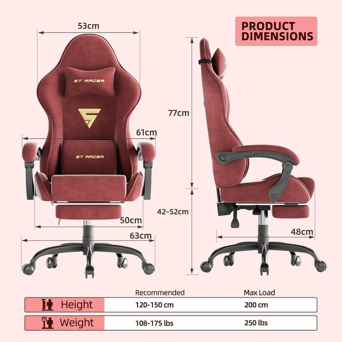 Геймерське крісло Ferghana Ergonomischer з підголівником та підтримкою спини, тканинне, червоне - для офісу та ігор