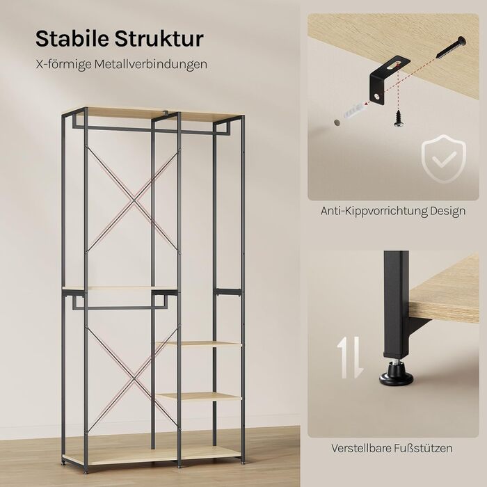 Вільна вішалка для одягу WOLTU з полицею, для спальні/коридору, стабільна, з дерева та металу, білий + світлий дуб (чорний + світлий дуб)