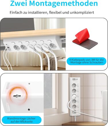 Мережевий фільтр з USB-C, 6 розеток, кабель 2м (4000W, 16A), розподільний блок для кухні/офісу, чорний