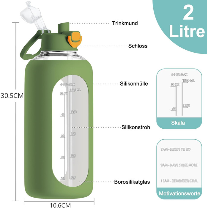2 Liter Glass Water Bottle, 2L Glass Bottle, Glass Water Bottle with Straw, Bottle Brush, (Green)