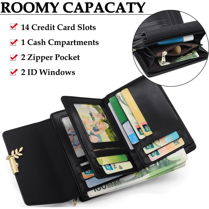 GOUNNU Wallet for Women PU Leather Women's Card Holder RFID Protection Women's Wallet Many Compartments Women's Short Wallet with 14 Card Slots and Coin Pocket Money Bag Women (Black)