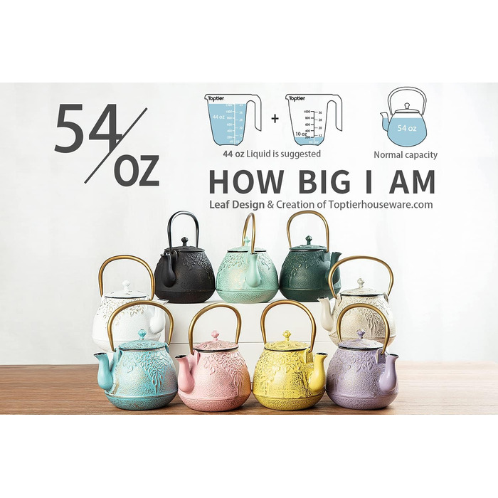 Чайник для плити, чавунний, з ситом для листового чаю, 1,5 л, чорний