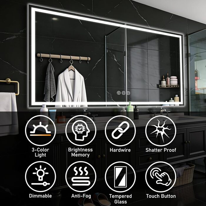 Дзеркало для ванної кімнати 50x70 см з підсвічуванням LED, антизапарник, диммер, 3 кольори світла