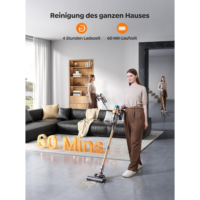 Cordless Vacuum Cleaner 45000Pa/550W/60Mins, Stand-Alone and Self-Charging Vacuum Cleaner, 4-in-1 Cordless Vacuum with Auto Mode & Anti-Tangle for Pet Hair, Carpet, and Hard Floors