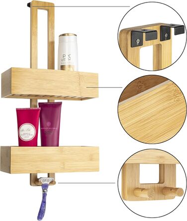 ONVAYA® Shower Shelf - No Drilling Required | Bamboo | Bathroom Shelf for Hanging | Shower Shelf Made of Wood | Hanging Shelf for the Shower