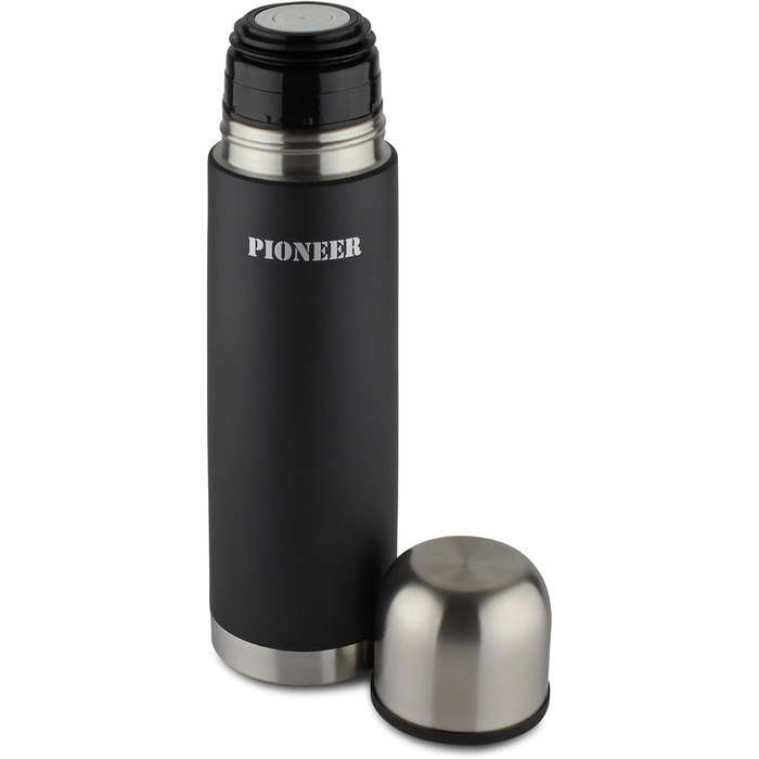 Pioneer Stainless Steel Insulated Flask with Button Lid & Drinking Cup - 1.0L Double-Walled Vacuum Insulation - Keeps Hot for 8 Hours, Cold for 24 Hours - Leakproof, BPA-Free - Black, 1000ml