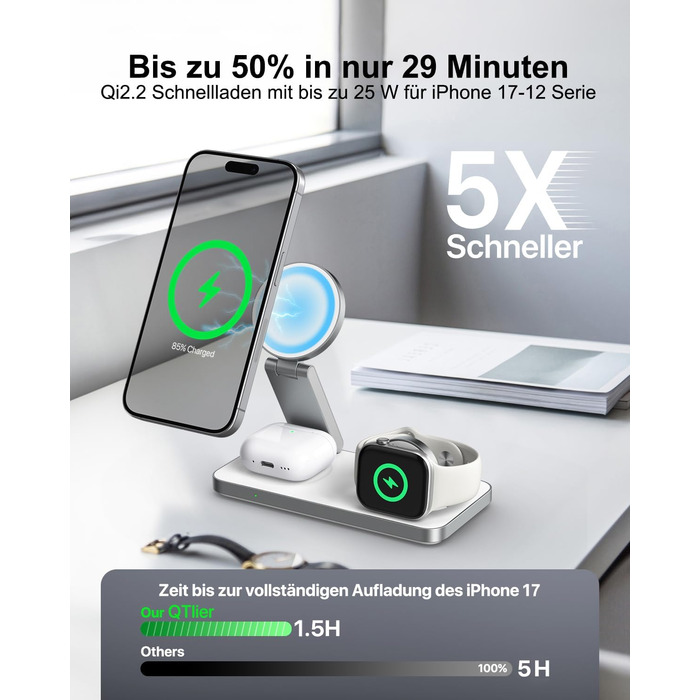 Бездротова зарядна станція 3-в-1 з Qi2.2 25W для Apple Watch та iPhone (Magsafe) + адаптер 35W (Біла)