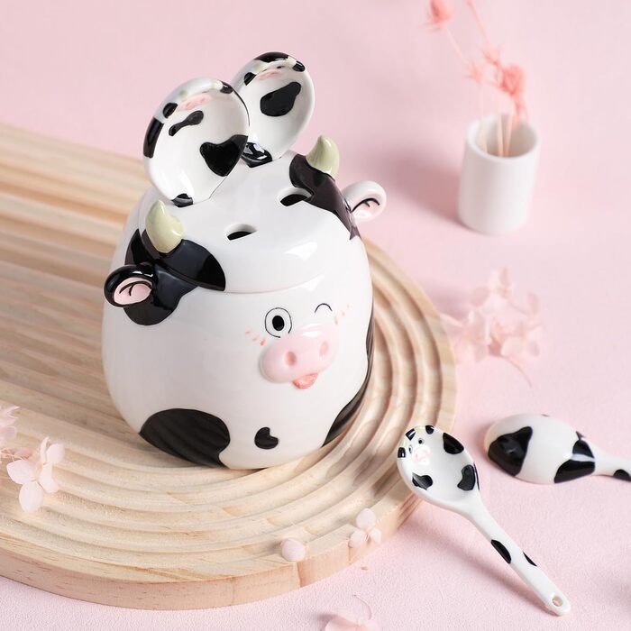Ceramic Measuring Spoon Set with Cow Pattern, 4-Piece, for Dry or Liquid Ingredients, with Measuring Cup Set, Microwave Safe, Hand Wash Recommended