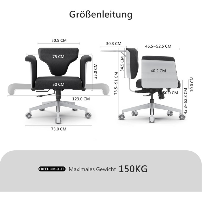 Офісне крісло Newtral FX-FF з регульованою висотою та (за бажанням) підлокітниками, поворотне, з гумовими колесами, для дому та офісу, модель Freedom-X FF (чорний)