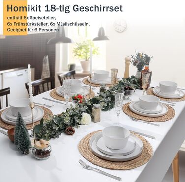 Набір посуду Homikit на 6 осіб: тарілки, миски, десертні тарілки, тарілки для їжі, з реактивною глазур’ю, кераміка, безпечний у мікрохвильовці та посудомийній машині, білий, 18 шт.