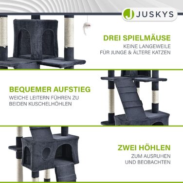Дерево для котів Juskys Amy XXL з печерами, лежанками, сходами та сизалевими стовпчиками - стабільний котячий комплекс 170 см, сірий/темно-сірий
