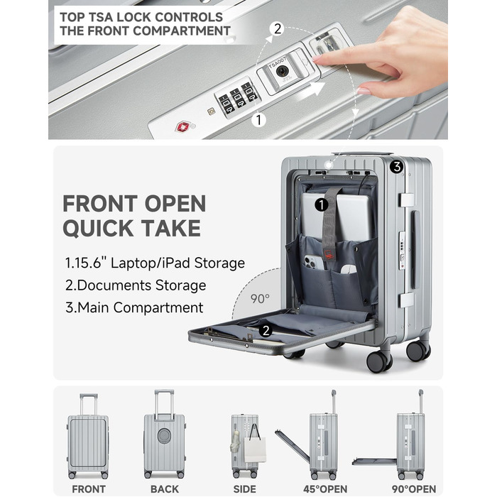 Чемодан-валіза Sea Choice Handgepäck з відділенням для ноутбука 15.6', з PC корпусом, USB-портом, TSA замком та коліщатками 360° (Срібний)