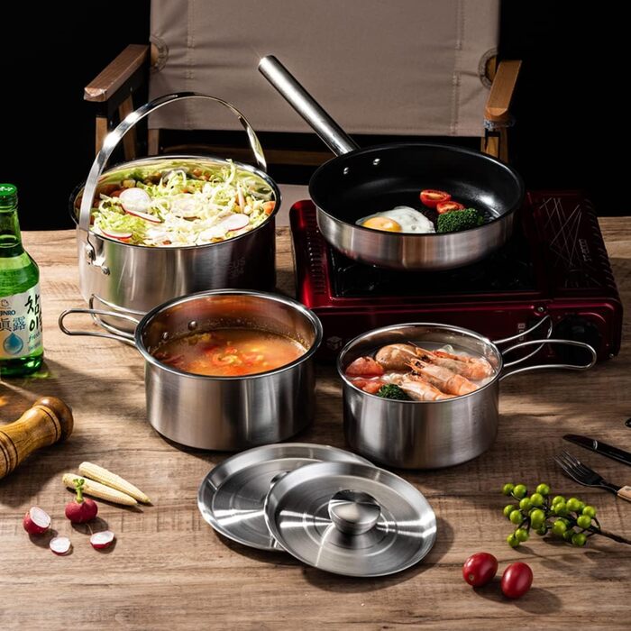 Набір кухонного посуду для кемпінгу, кухонний набір для відпочинку, каструлі та сковорідки для приготування їжі на вогнищі, містить дорожню сумку для 4-6 осіб