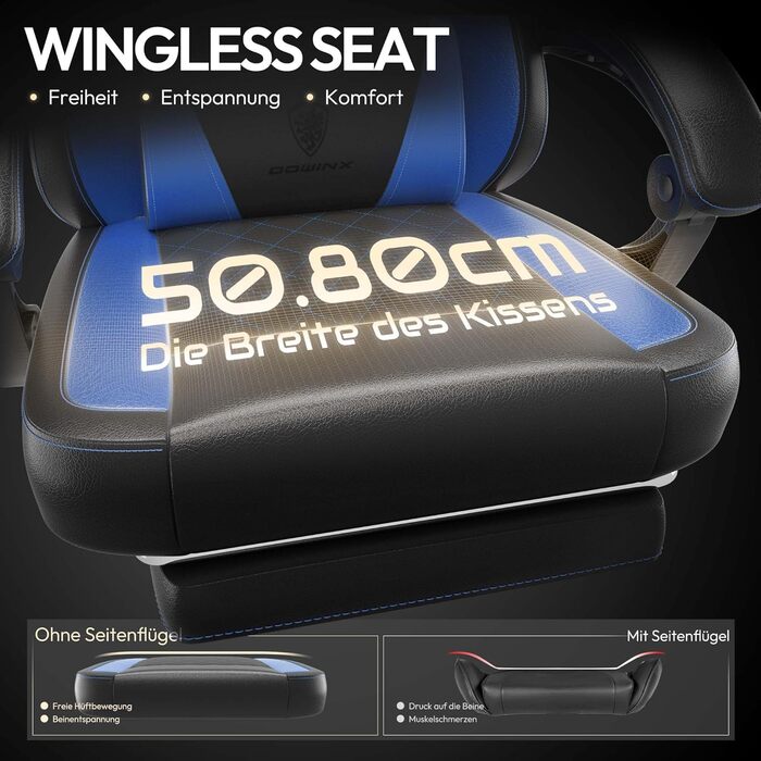 Ігрове крісло Dowinx Racing з ергономічною підтримкою попереку, PU шкіра, 150 кг, чорно-синій