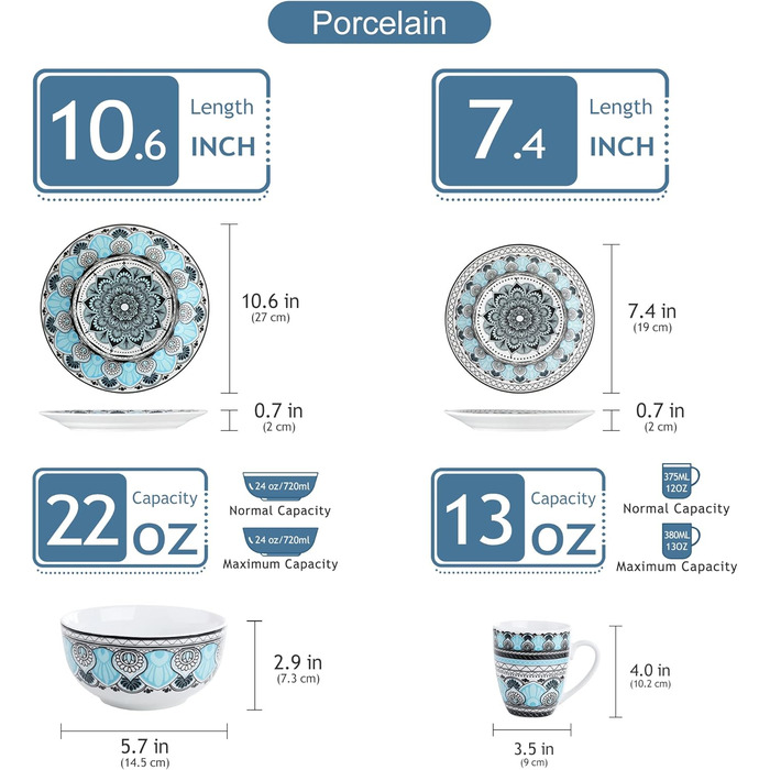 Набір посуду VEWEET на 4 особи, 16 предметів: порцеляновий сервіз з тарілками, мисками та чашками, сумісний з мийкою та мікрохвильовкою, серія Audrie
