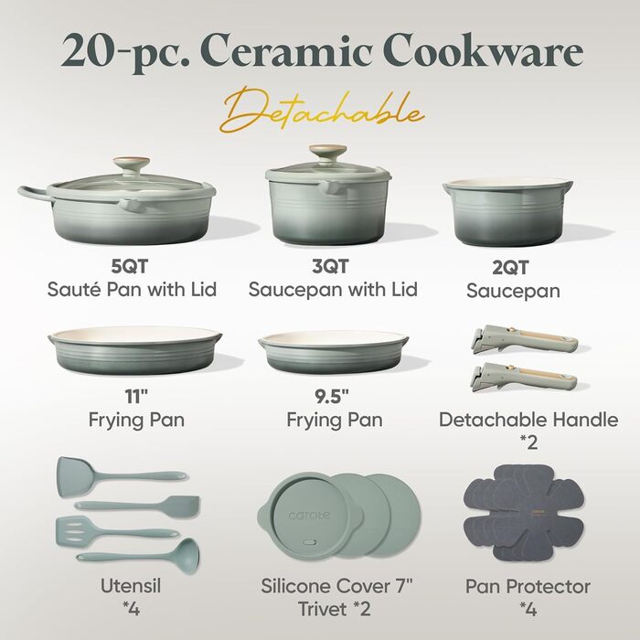Набір посуду Carote Keramik – 17 предметів, зелений: каструлі та сковороди з антипригарним покриттям, індукційна сумісність, знімні ручки, придатний для миття в посудомийній машині та духовки