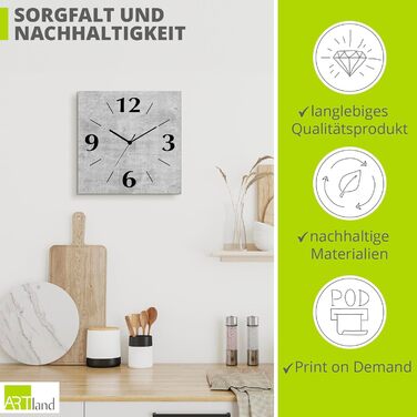 ARTLAND Wall Decor Wall Clock without Ticking Sound, Aluminum, 30x30 cm, Square, Silent, Analog, 4 Numerals, 30x30 cm, U1RE Optics (Concrete, Quartz Clock)