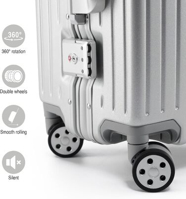 KOFA Zurich: Набір валіз 2 шт. (M-55см, XL-75см), алюмінієвий каркас, полікарбонатний корпус, ручна/здійснювана, спіннер з 4 колесами, TSA-замок, 35л + 94л (срібний)