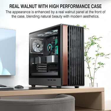 Корпус для ПК FOIFKIN з дерев'яною передньою панеллю з горіха, 4 PWM ARGB вентилятори, ATX Mid-Tower, USB Type-C, M.2, чорний