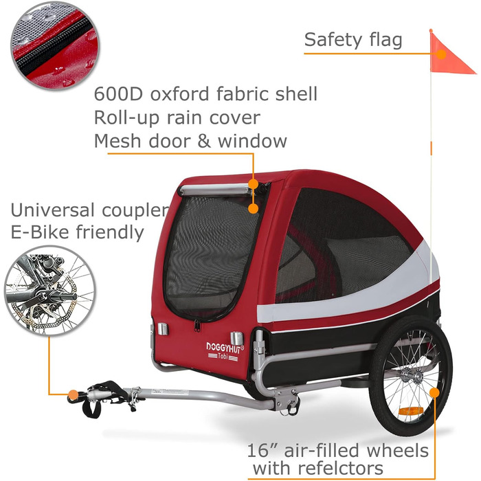 DOGGYHUT® Tobi - великий велопричіп для собак, до 35 кг, червоний