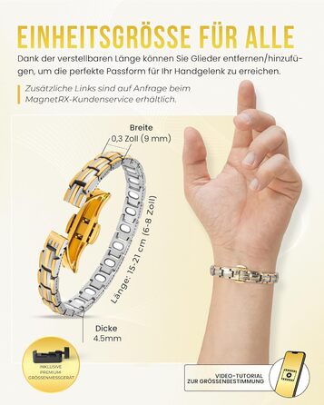 Браслет на магнітах MagnetRX® Ultrastarkes Titan для жінок – браслет з титану, регульований розмір, срібло та золото (5x міцність)