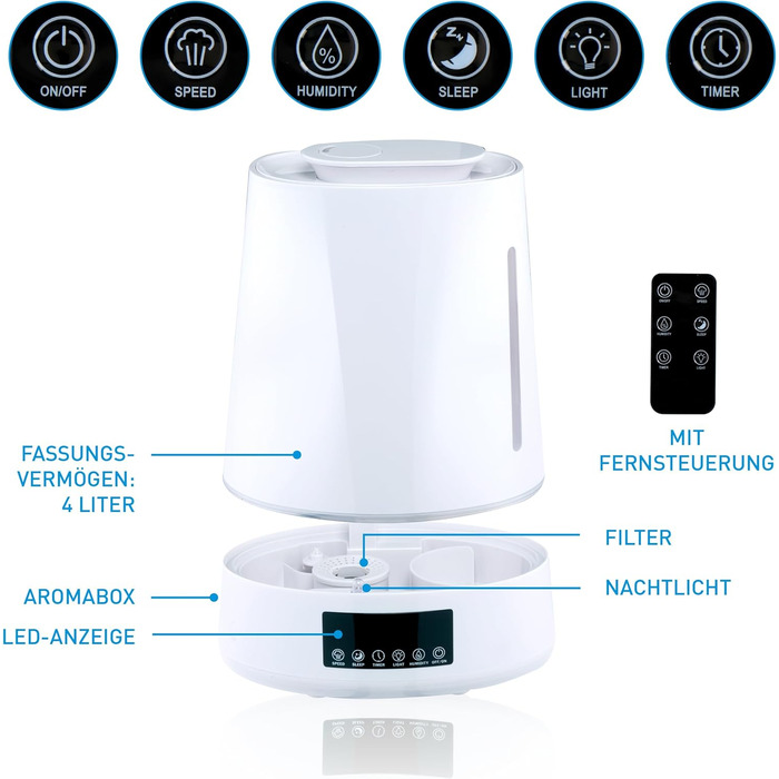 Grundig Humidifier and Aroma Diffuser 4L - Diffuser Essential Oils - Humidifier with Hygrometer and Timer - Rooms of 15 to 30m2 - 26 x 15 x 33 CM - White