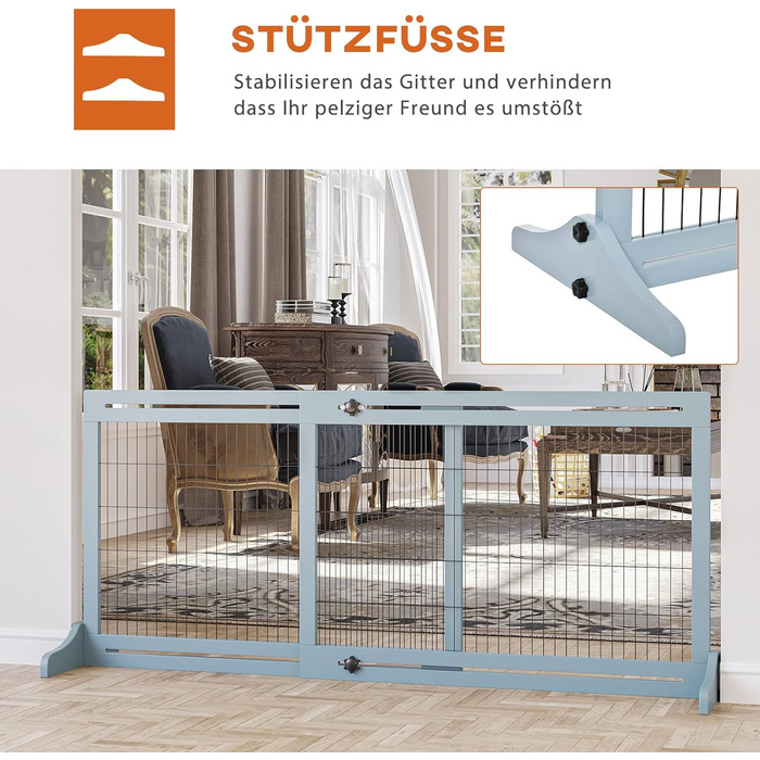 PawHut Wooden Pet Gate - Extendable Dog Barrier with Footrest, Freestanding Baby/Pet Gate, Stairway Gate, Fireplace/Oven Gate, Gray Blue, 104-183 x 36 x 69 cm