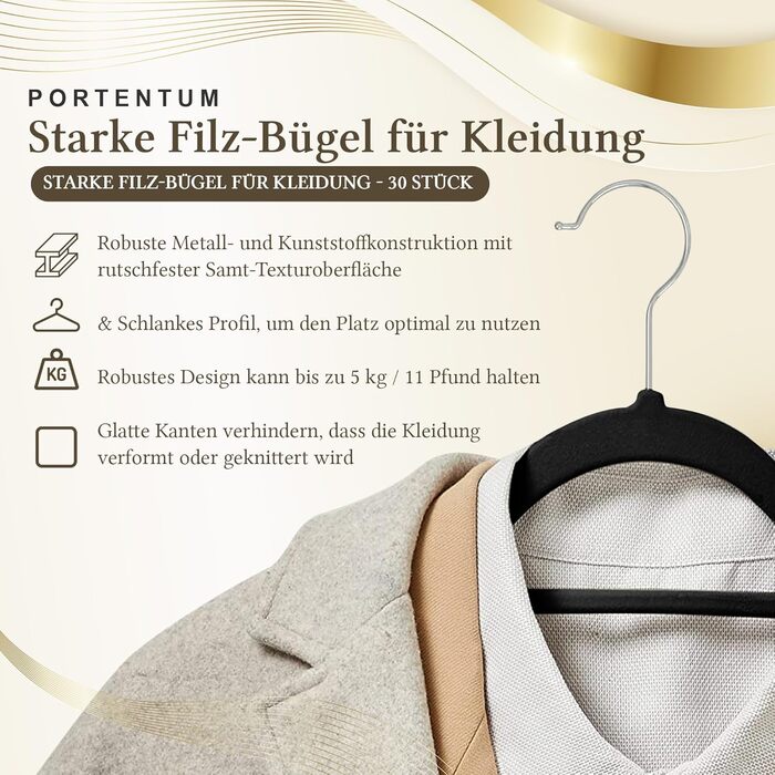 Плечики для одягу PORTENTUM з оксамиту, 10 шт., чорні - антиковзаючі, з 360° обертовим гачком, виступами для аксесуарів, економія місця, товщина 0,6 см, Made in Spain