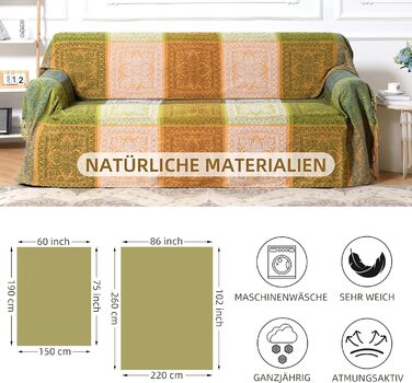 HOORDRY Chenille Woven Throw Blanket 220x260CM, Sofa Throw Blanket Overthrow Blanket for Couch Bed Sofa Chair, Double-Sided Boho Blanket with Tassels, Cozy Soft Couch Blanket Reversible Blanket, Green/Yellow Green 220 x 260 cm