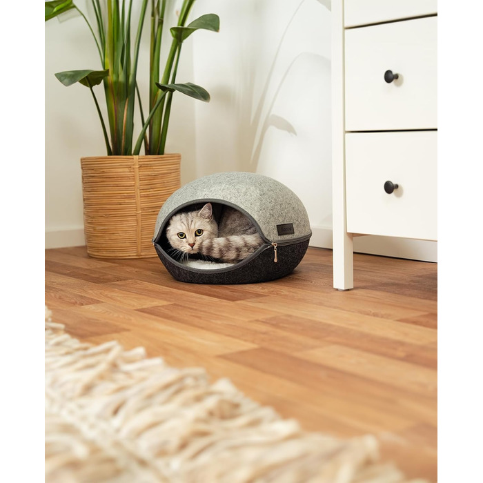 Lionto Cat Cave made of durable felt, cozy cuddle cave with zipper, 46x38x24 cm, comfortable and modern cat bed with soft and washable cushion, grey