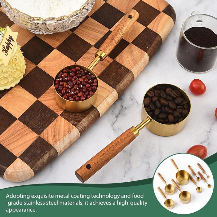 Набір мірних стаканів та ложок з нержавіючої сталі золотого кольору з дерев'яною ручкою, 8 шт. - для вимірювання сухих та рідких інгредієнтів (60мл - 250мл), для кухні та випічки