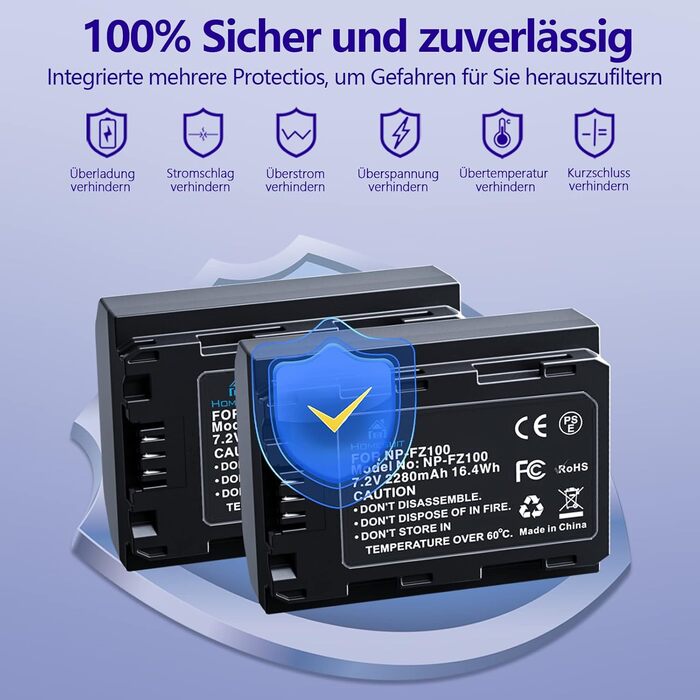 Акумулятор NP-FZ100 Homesuit 2280mAh + Двопортове зарядне пристрій LED для Sony ZV-E1, FX3, FX30, A7RIII, A7RV, A7RIV, A7SIII, A7III, A7IV, A7C, A7CII, A6600, A6700, Alpha A1, A9, A9II, A9III, 9R, A9R, 9S (2 шт.)