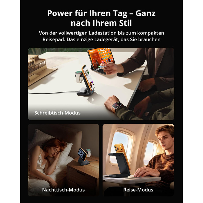 Зарядний пристрій 3-в-1 GEEKERA MagSafe для Apple Watch, iPhone (12-17) та AirPods, індуктивне зарядне, чорний матовий