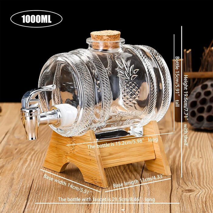 OUGPIU Whisky Decanter, 1000ml Barrel with Tap and Wooden Base, Barrel-Shaped Glass Drink Dispenser with Stopper Corks, Transparent Alcohol Dispenser Set Gifts for Friend, Husband, Father